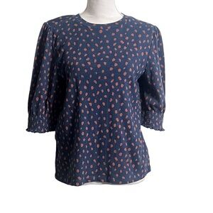 LUCKY BRAND Navy w/ Orange Polkadots Knit Blouse w/ Puff Sleeves Women’s Size L